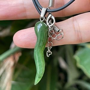 High quality natural spinach green nephrite jade horn pendant & black cord chain